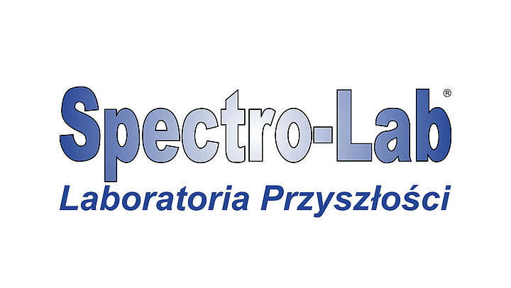 Blue text in two lines "Spectro-Lab Laboratoria Przyszłości"