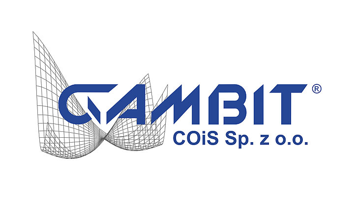 Navy blue text "GAMBIT COiS Sp.zo.o" In the background a 3D model mesh.