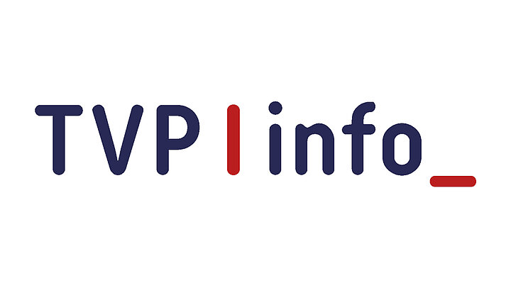 Navy blue text "TVP info". Between the groups of characters there is a red vertical line. The second, horizontal line is on the right.