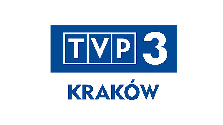 White text "TVP3" inscribed in a navy blue rectangle. Below it, navy blue text "KRAKÓW"