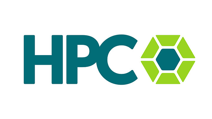 Dark green letters "HPC." On the right, a green flower on a hexagon canvas.