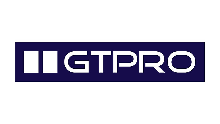 Two white vertical rectangles and the inscription "GTPRO" on a crimson rectangular background.